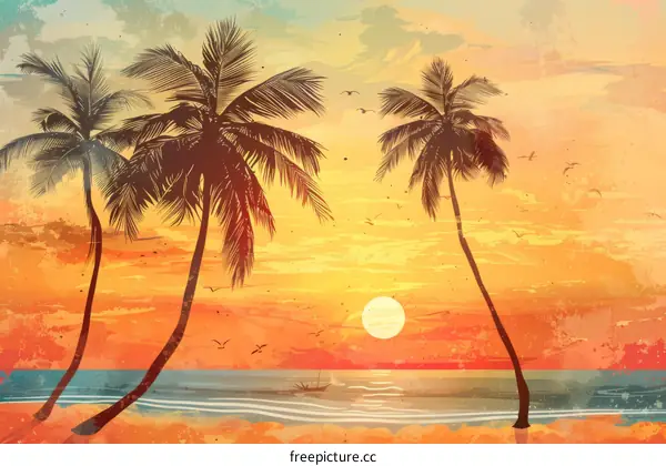 Vibrant Tropical Beach Sunset Illustration
