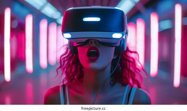 Amazed young woman wearing virtual reality headset