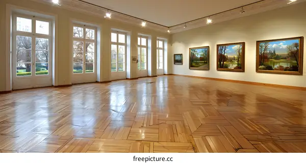 Empty Gallery Room with Wooden Floor and Paintings on the Wall
