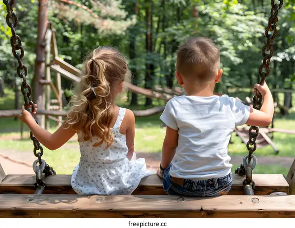 Two Children Sitting on a Swing in a Park