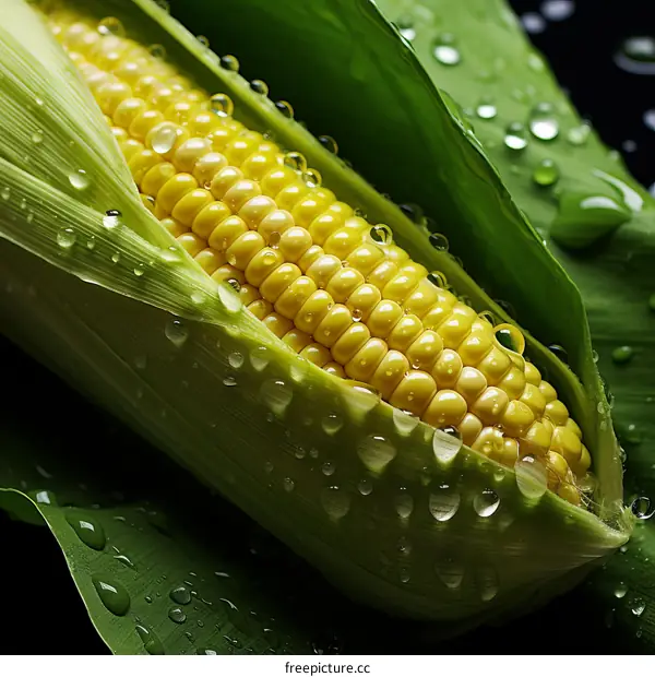 Close-up Image of a Corn Cob with Dew Drops on Its Kernels