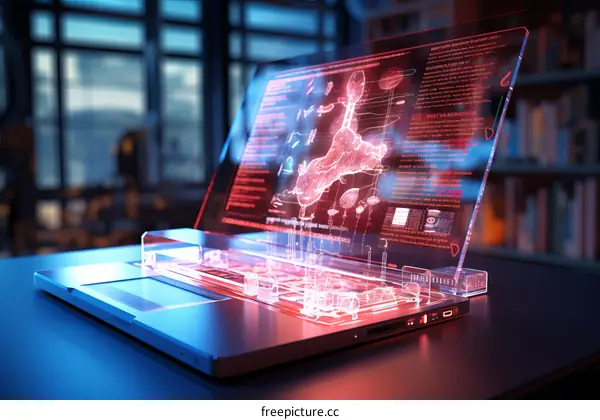 Futuristic Laptop with Transparent Screen and Holographic Virus Projection