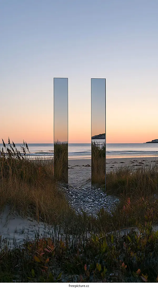 Two Tall Mirrors Reflecting Sunset on the Beach