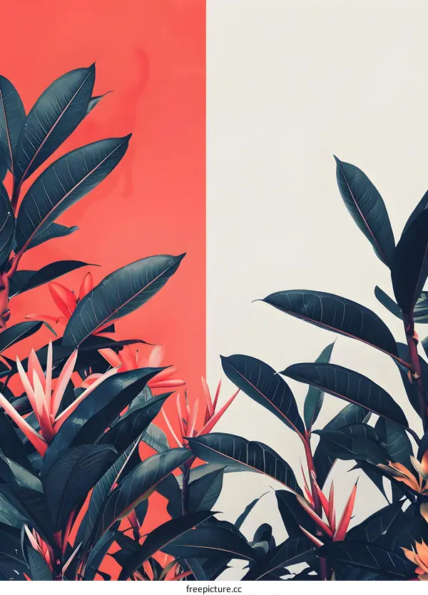 Tropical Leaves and Pink Flowers Against a White and Coral Wall