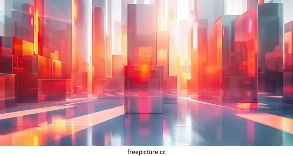 Futuristic Corridor with Red and Orange Geometric Shapes