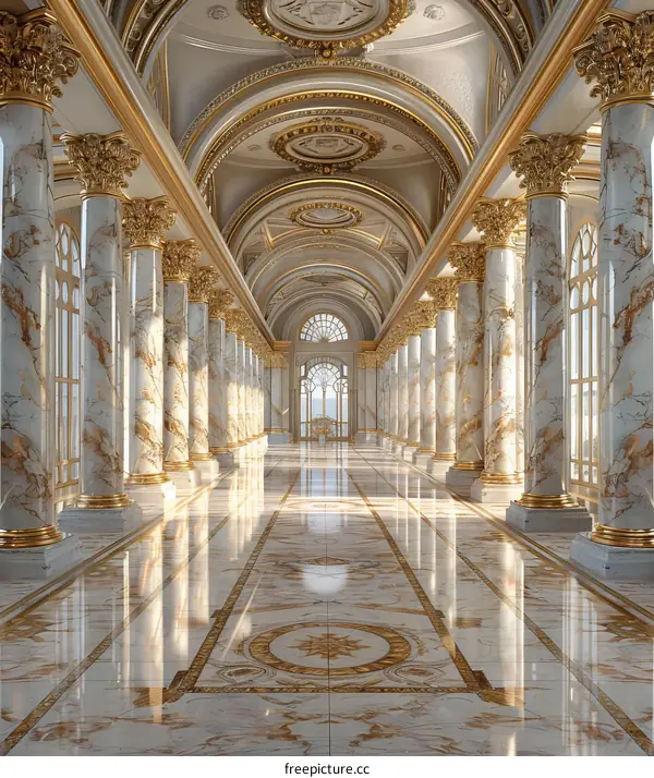 Hallway with Marble Columns and Reflective Floor