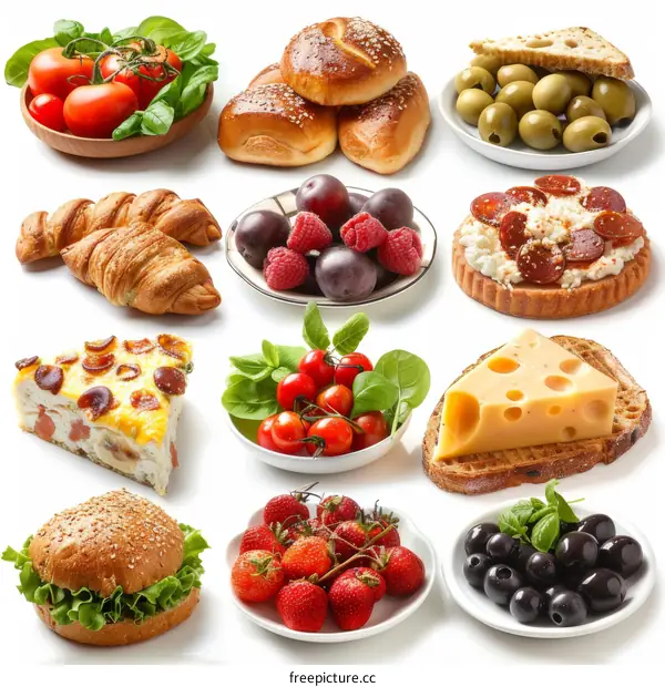 Assorted Breads, Cheeses, and Fruits with Vegetables