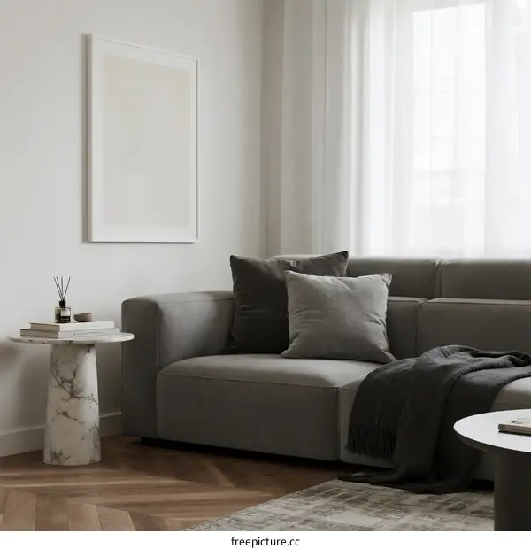 Modern living room with gray sofa and marble side table