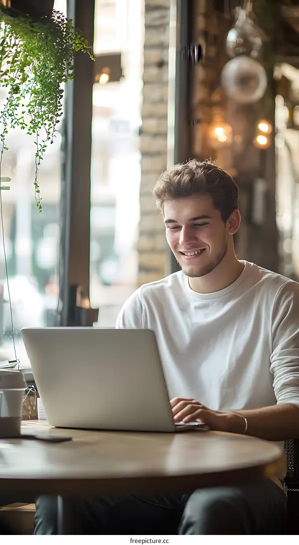 Young Man Working on Laptop in Cafe