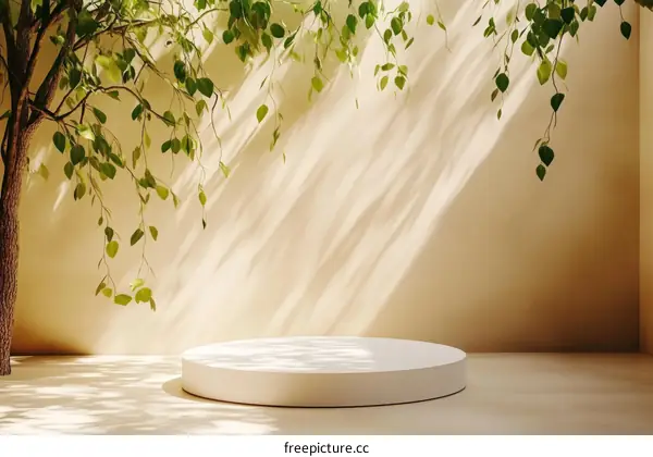 Empty Beige Aesthetic Display Podium with Greenery