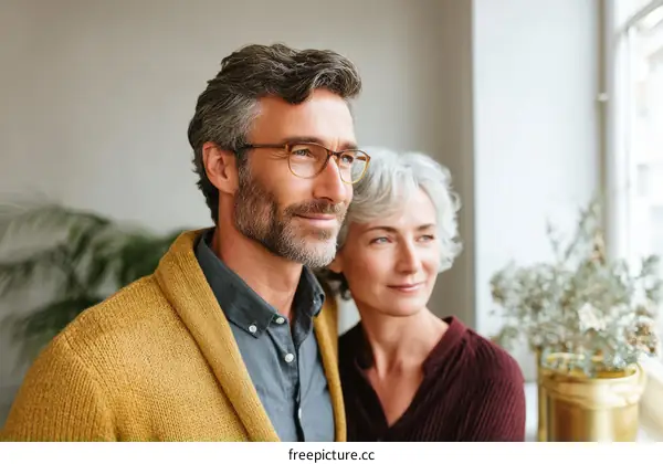 Couple Looking Out the Window with Thoughtful Expressions