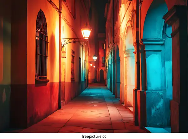 Night Alleyway in European City with Warm and Cool Lighting