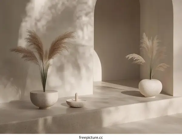 Minimalist Interior Design with Pampas Grass and Stone Vases