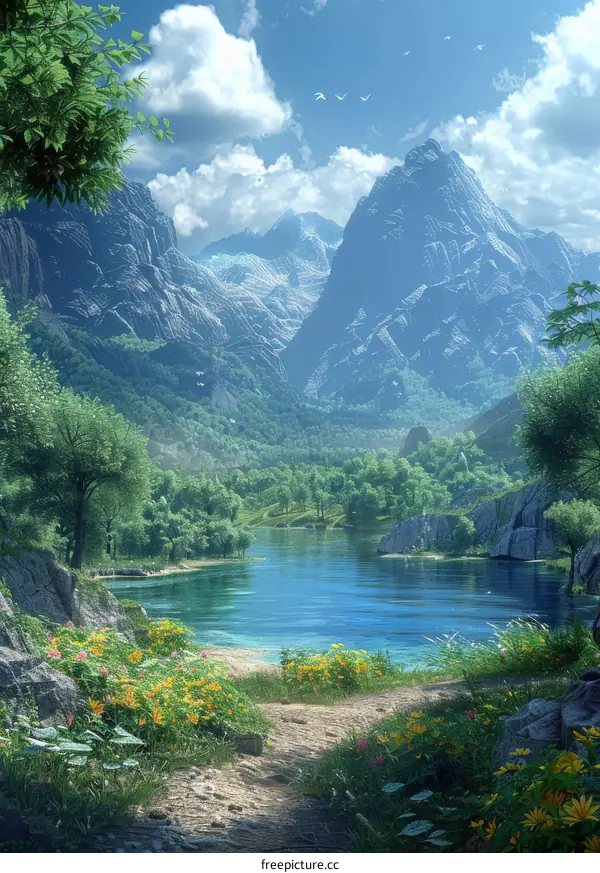 Fantasy Landscape: Majestic Mountains, Crystal-Clear Lake, and Vibrant Flowers