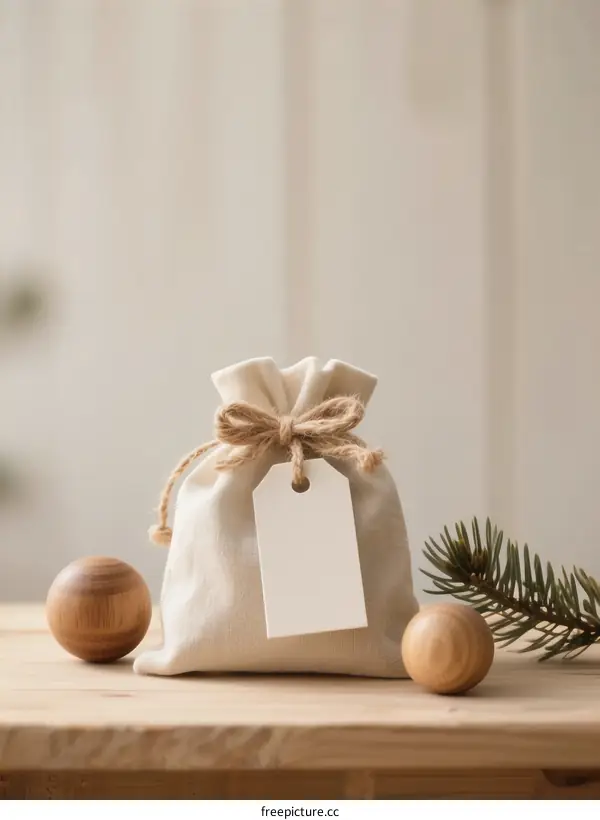 White Linen Gift Bag with Rope Bow and Tag on Wooden Table