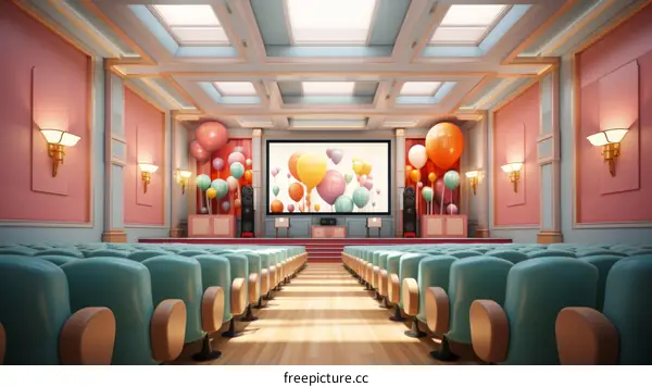 Charming Pastel Auditorium Interior with Blue Seats and Festive Decor