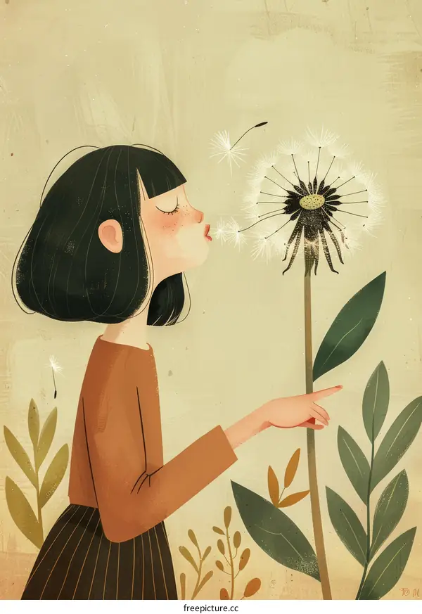 girl blowing dandelion illustration