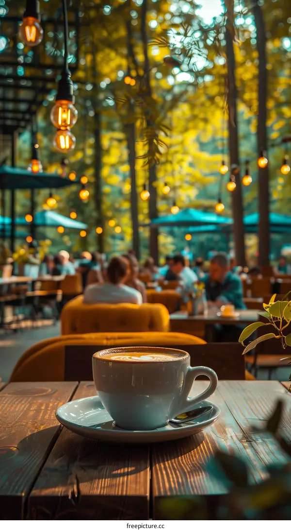 Outdoor seating at a cafe with a view of the trees