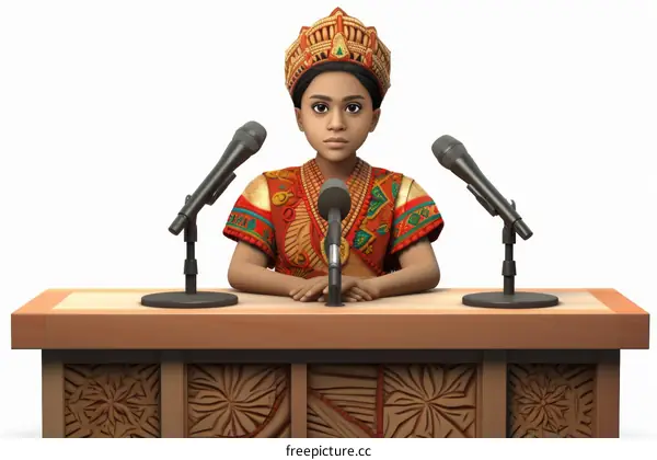 A young girl in traditional Indonesian dress speaks into a microphone