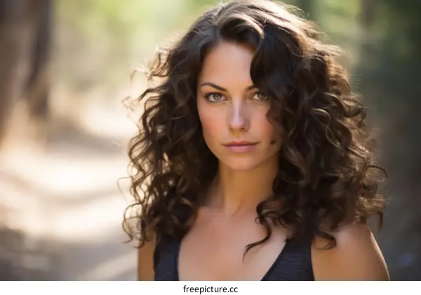 portrait of a young woman with curly brown hair looking at the camera