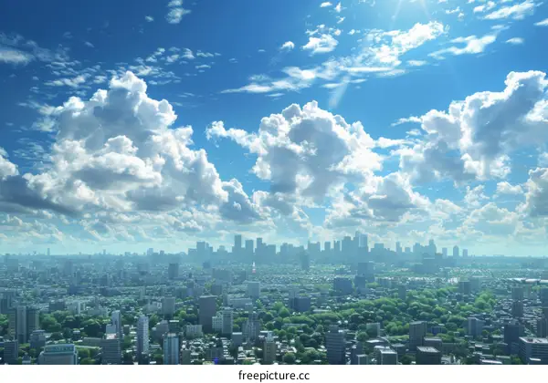 Modern Cityscape with Blue Sky and White Clouds