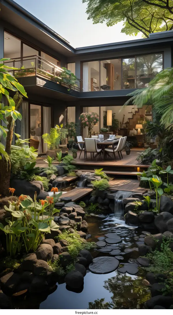 Tranquil Courtyard with Lush Tropical Plants and a Pond
