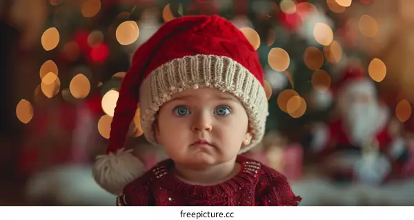 Baby girl wearing a Santa hat looking at the camera with a curious expression