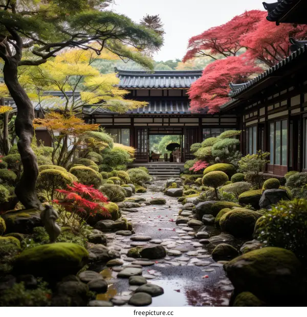 Traditional Japanese Garden with Red Maple Trees and Stone Path