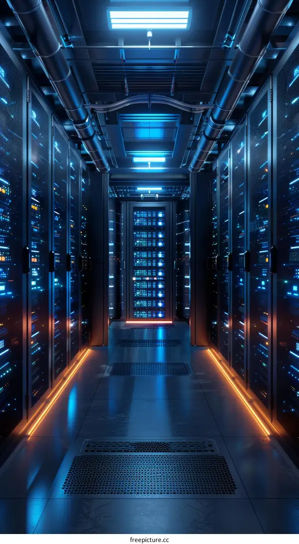 Futuristic server room with blue and orange lighting