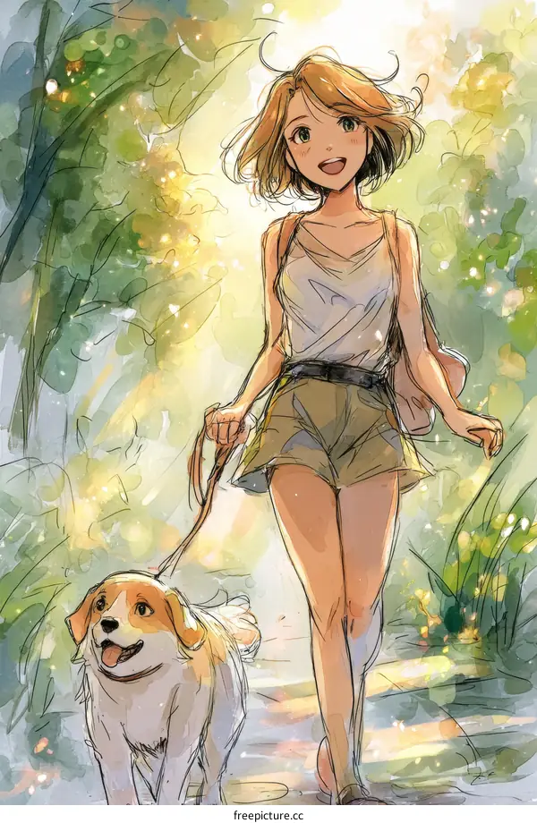 Girl Walking a Dog in a Sunny Park Illustration