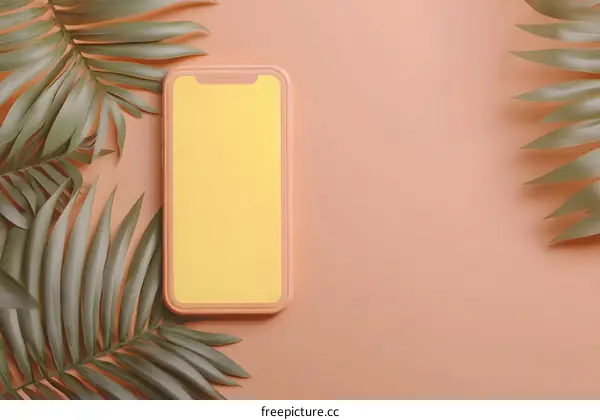 Palm Leaf Mockup with Peach Colored Smartphone