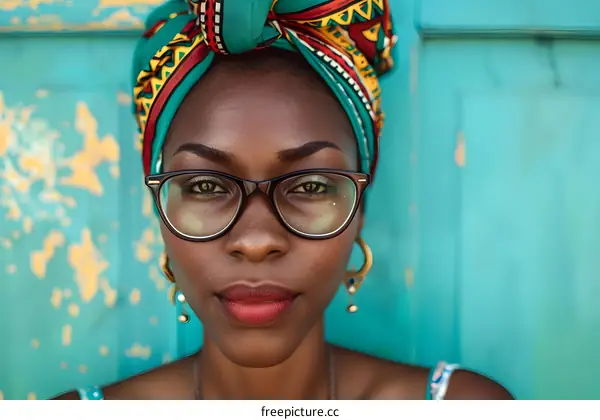 Portrait of a Young Black Woman Wearing Glasses and a Headscarf