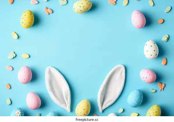 Colorful Easter Eggs and Bunny Ears Decorated on a Pastel Blue Background