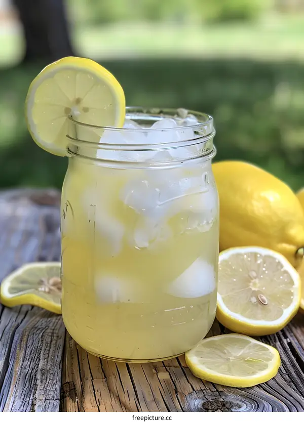 Glass of Lemonade with Lemon Slices and Ice on Wooden Table