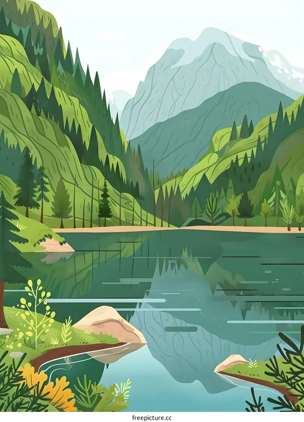 Peaceful Mountain Lake Landscape Illustration