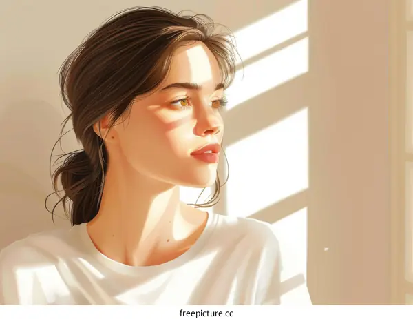 A beautiful girl with brown hair and green eyes is looking out the window.