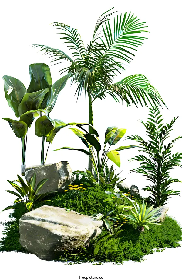 Tropical plants and rocks on a white background