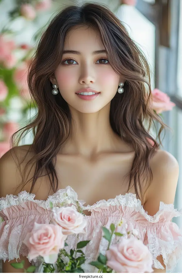 Asian Woman with Pink Lace Top and Roses