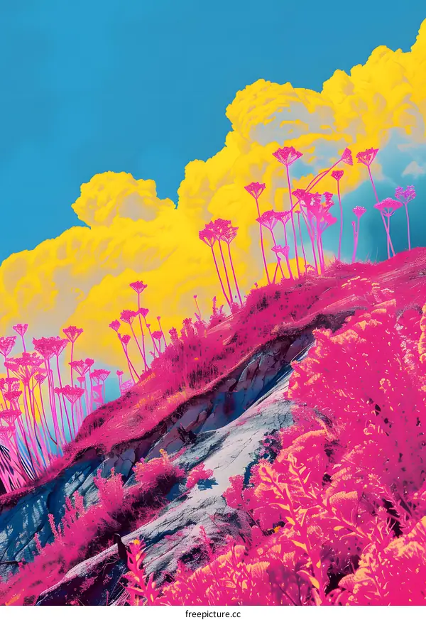 Abstract Landscape with Tall Flowers and Yellow Clouds