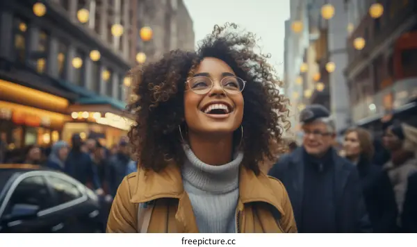 Happy woman walking in the city street with a blurred background