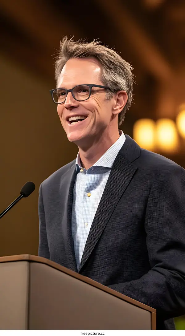 Smiling Man In A Suit Speaking At A Podium