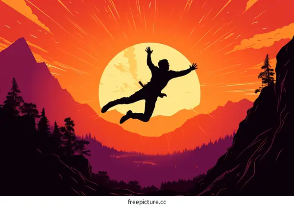Man jumping over a cliff with a beautiful sunset in the background