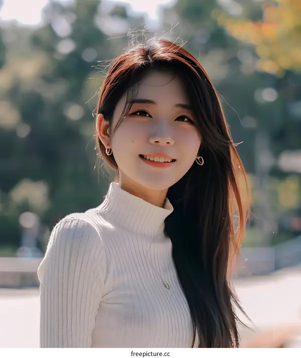 Smiling Asian Woman in White Sweater Outdoor