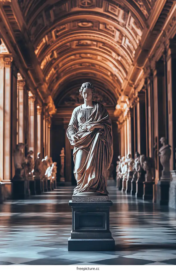 Marble Statue of a Woman in an Arched Hallway