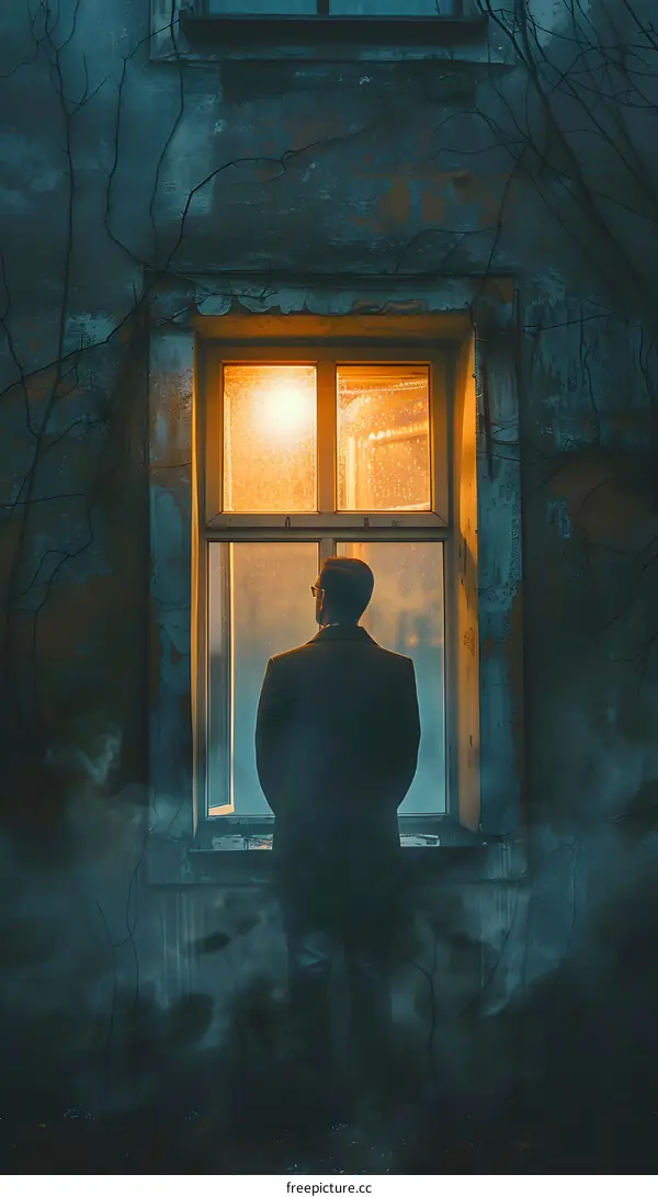 Man looking out the window at night