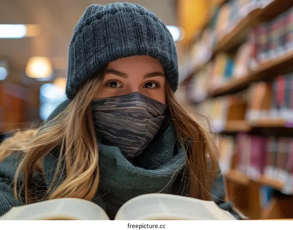 Young woman wearing a mask standing in a library