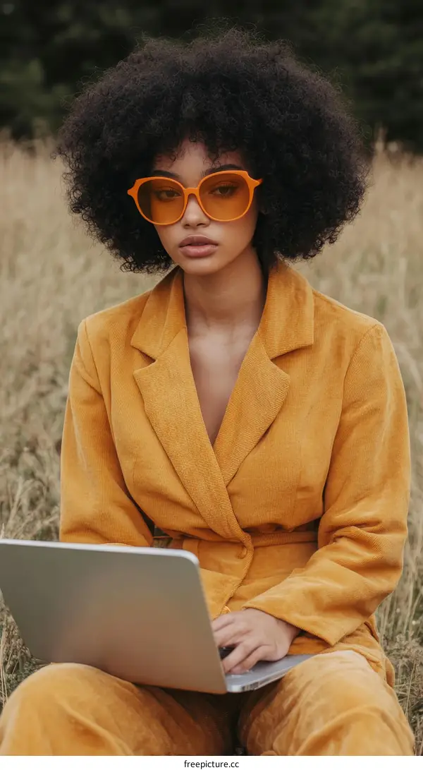 Woman in mustard yellow outfit working on laptop outdoors