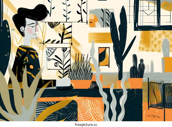 Abstract Illustration of a Person with Plants in an Urban Setting