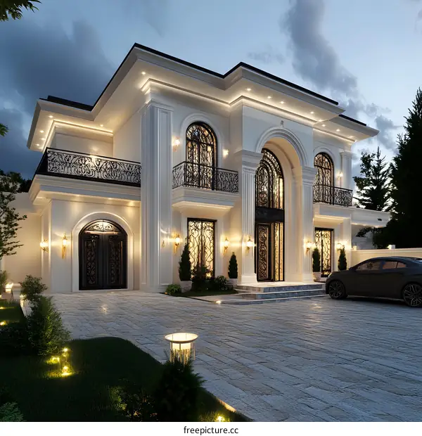Modern White Luxury Mansion with Black Iron Doors and Windows