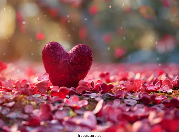 Red heart on a bed of red flower petals with a blurred background